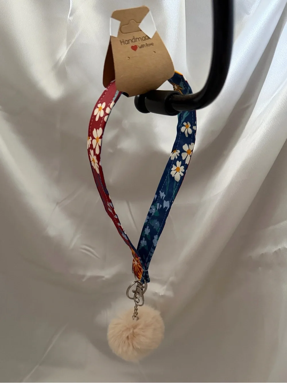 Handmade Red and Blue Floral Wristlet Keychain with Beige Pompom